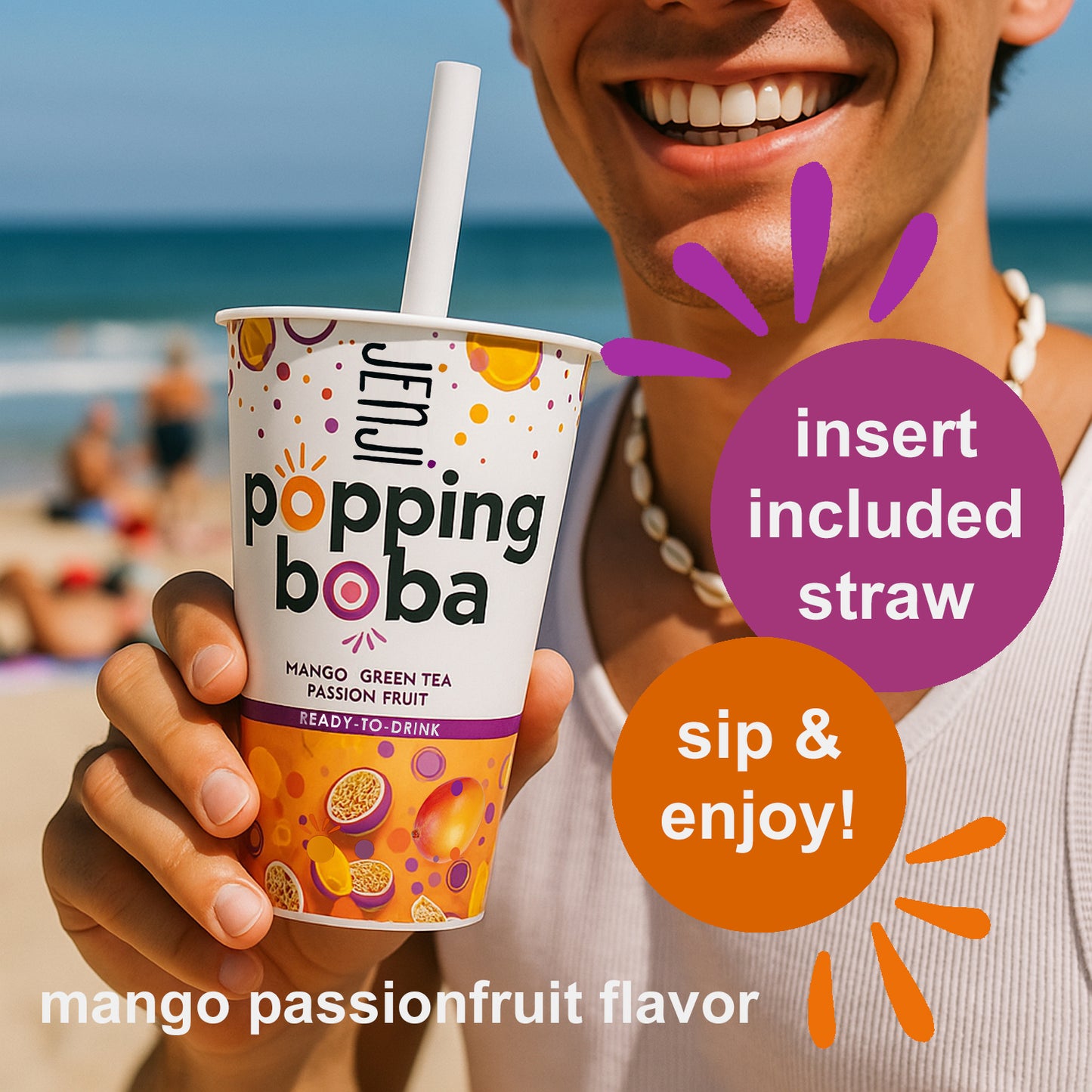 Jenji Popping Boba Mango Passion Fruit Green Tea 12/13.8 oz. Cups with Straw