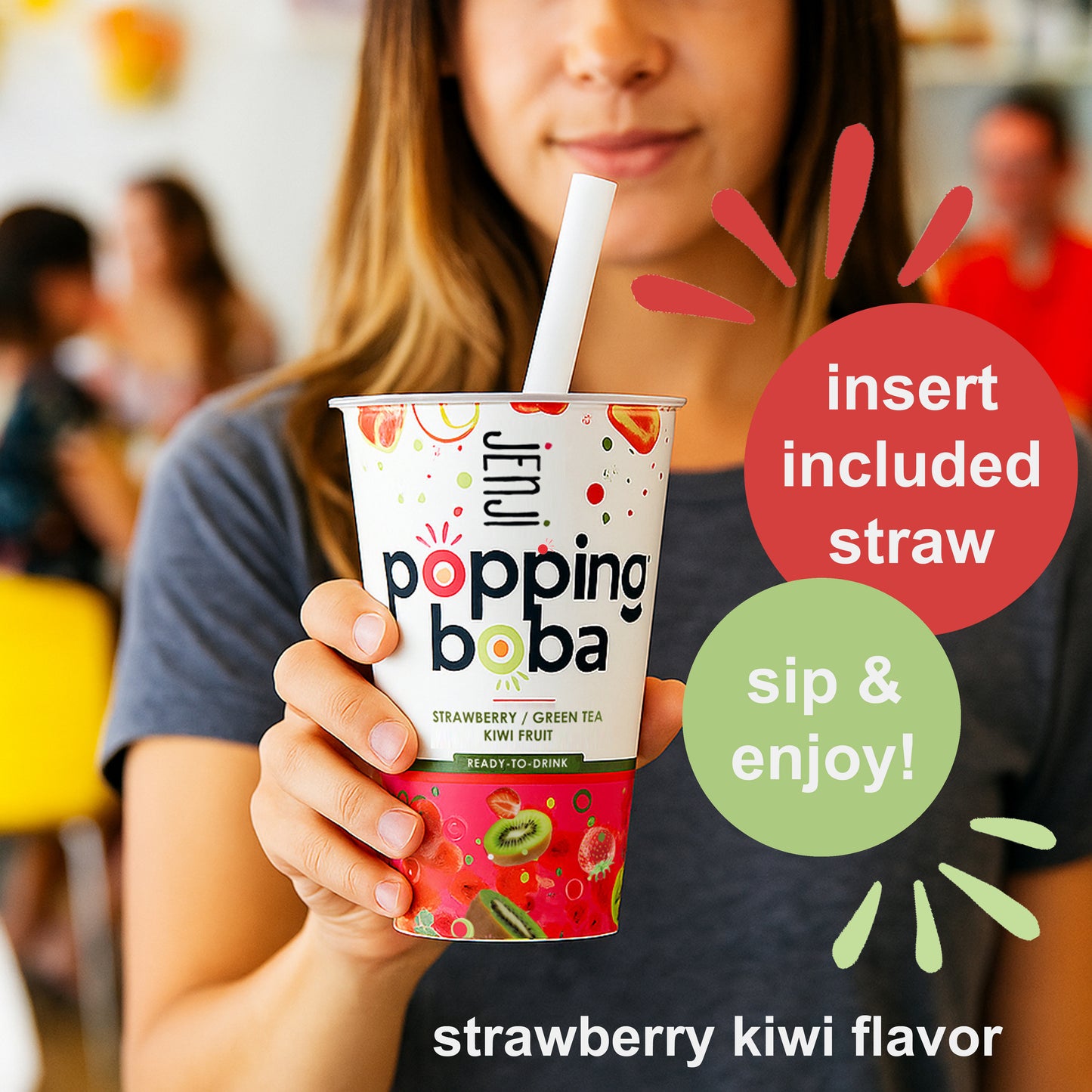 Jenji Popping Boba Strawberry Kiwi Green Tea 12/13.8 oz. Cups with Straw
