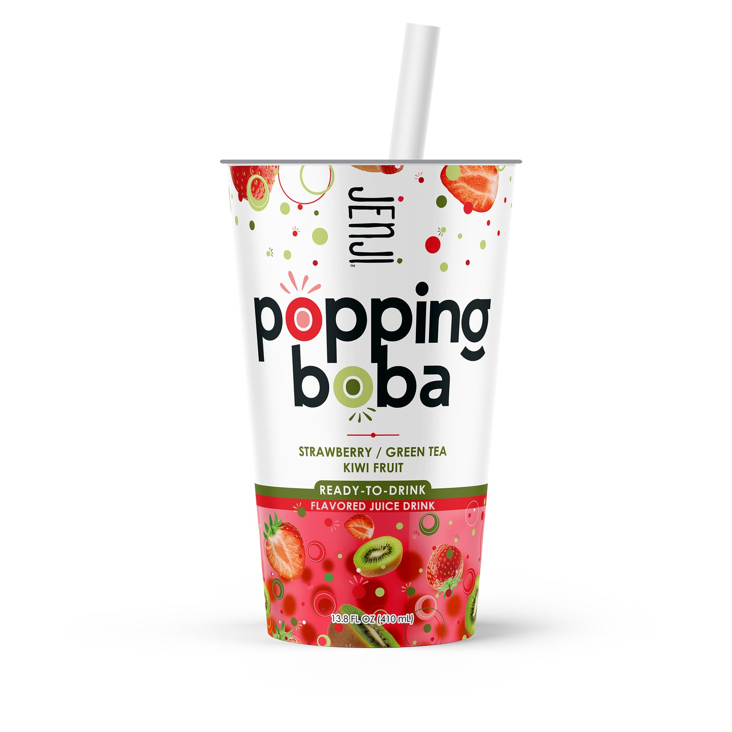 Jenji Popping Boba Strawberry Kiwi Green Tea 12/13.8 oz. Cups with Straw