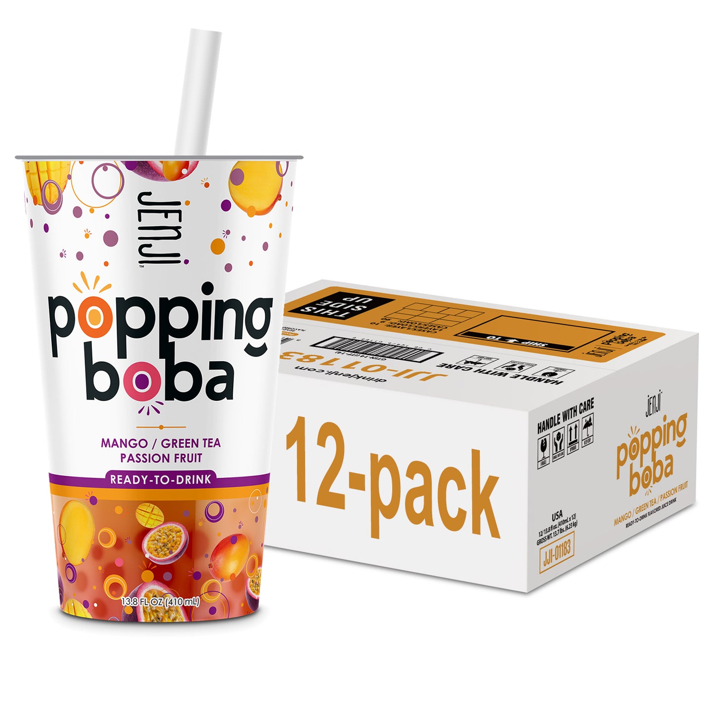 Jenji Popping Boba Mango Passion Fruit Green Tea 12/13.8 oz. Cups with Straw