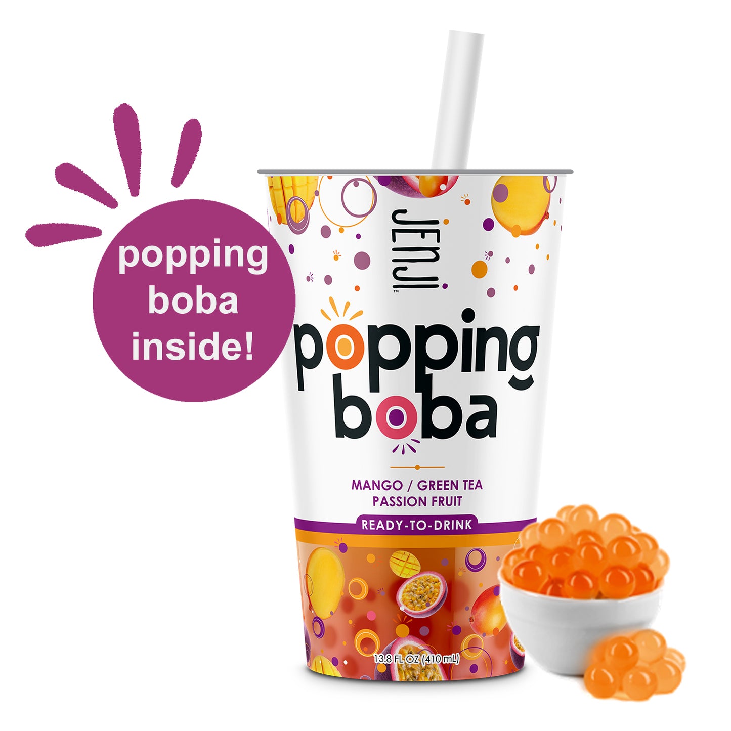 Jenji Popping Boba Mango Passion Fruit Green Tea 12/13.8 oz. Cups with Straw