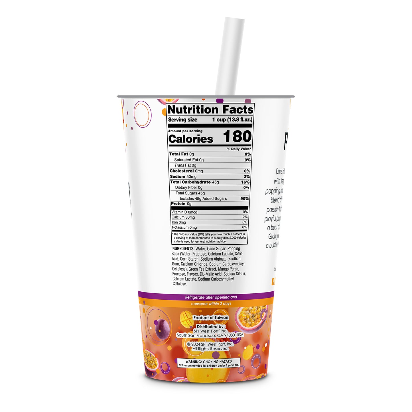 Jenji Popping Boba Mango Passion Fruit Green Tea 12/13.8 oz. Cups with Straw