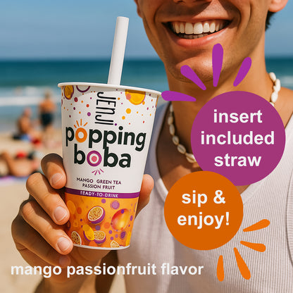 Jenji Popping Boba Mango Passion Fruit Green Tea 12/13.8 oz. Cups with Straw