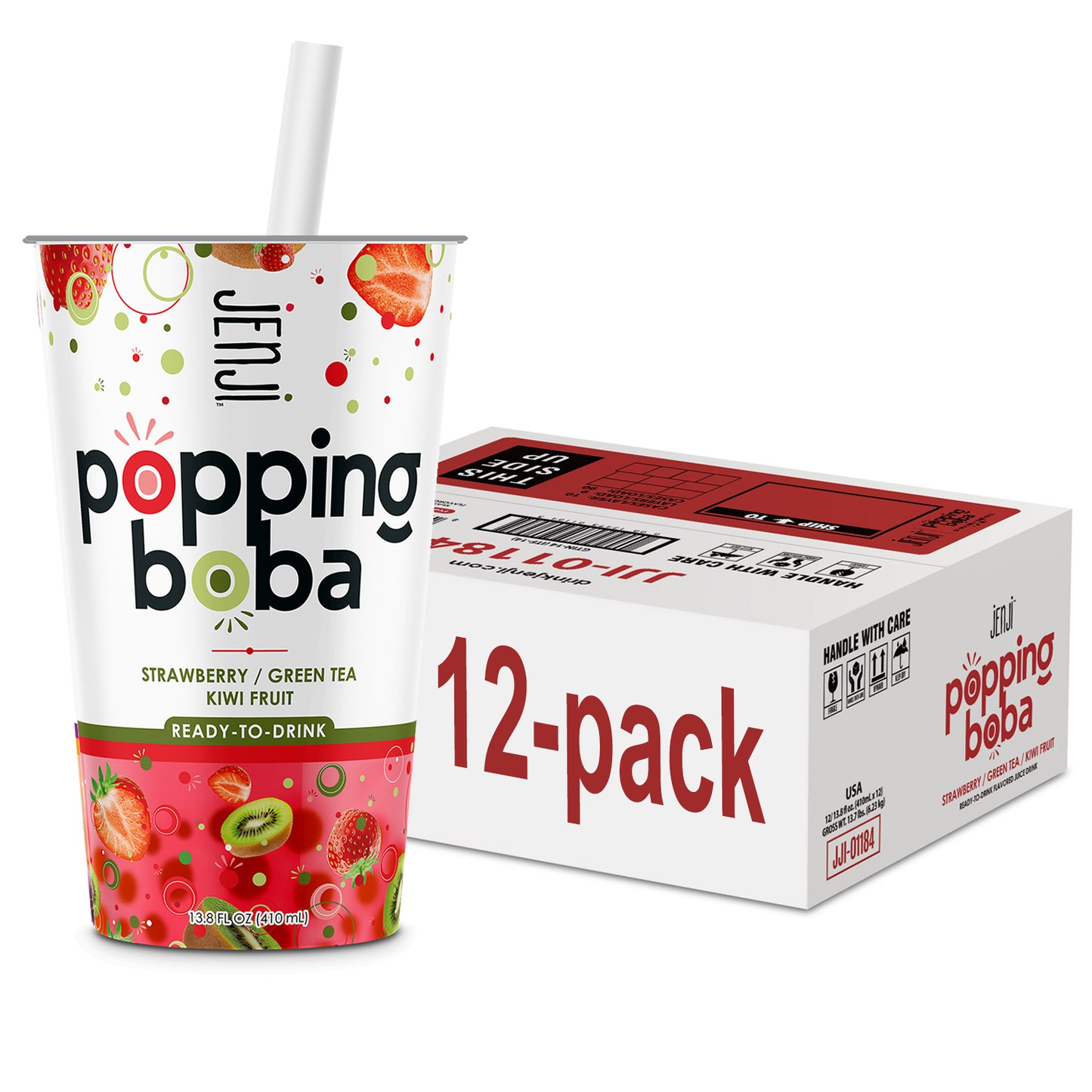 Jenji Popping Boba Strawberry Kiwi Green Tea 12/13.8 oz. Cups with Straw