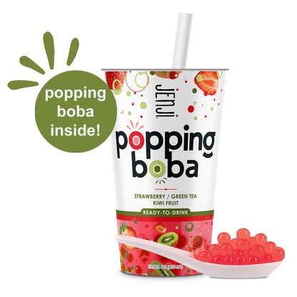 Jenji Popping Boba Strawberry Kiwi Green Tea 12/13.8 oz. Cups with Straw