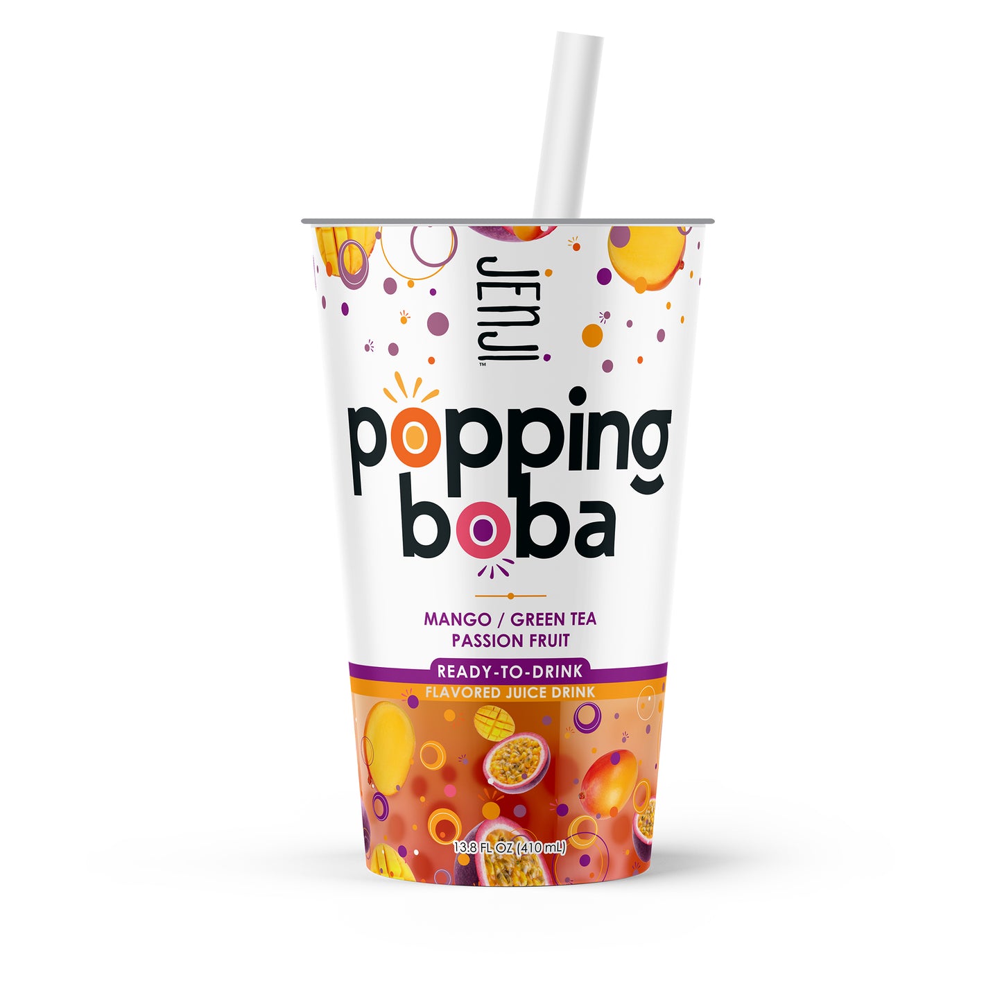 Jenji Popping Boba Mango Passion Fruit Green Tea 12/13.8 oz. Cups with Straw
