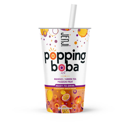 Jenji Popping Boba Mango Passion Fruit Green Tea 12/13.8 oz. Cups with Straw