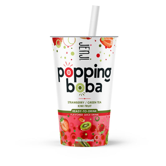 Jenji Popping Boba Strawberry Kiwi Green Tea 12/13.8 oz. Cups with Straw